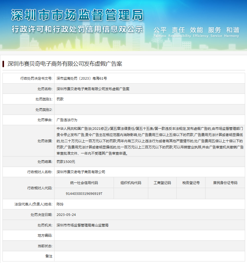 发布虚假广告 深圳市赛贝奇电子商务有限公司被罚款1500元