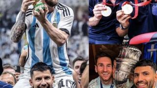 从奥运会到美洲杯到世界杯，阿圭罗晒与梅西捧杯合照