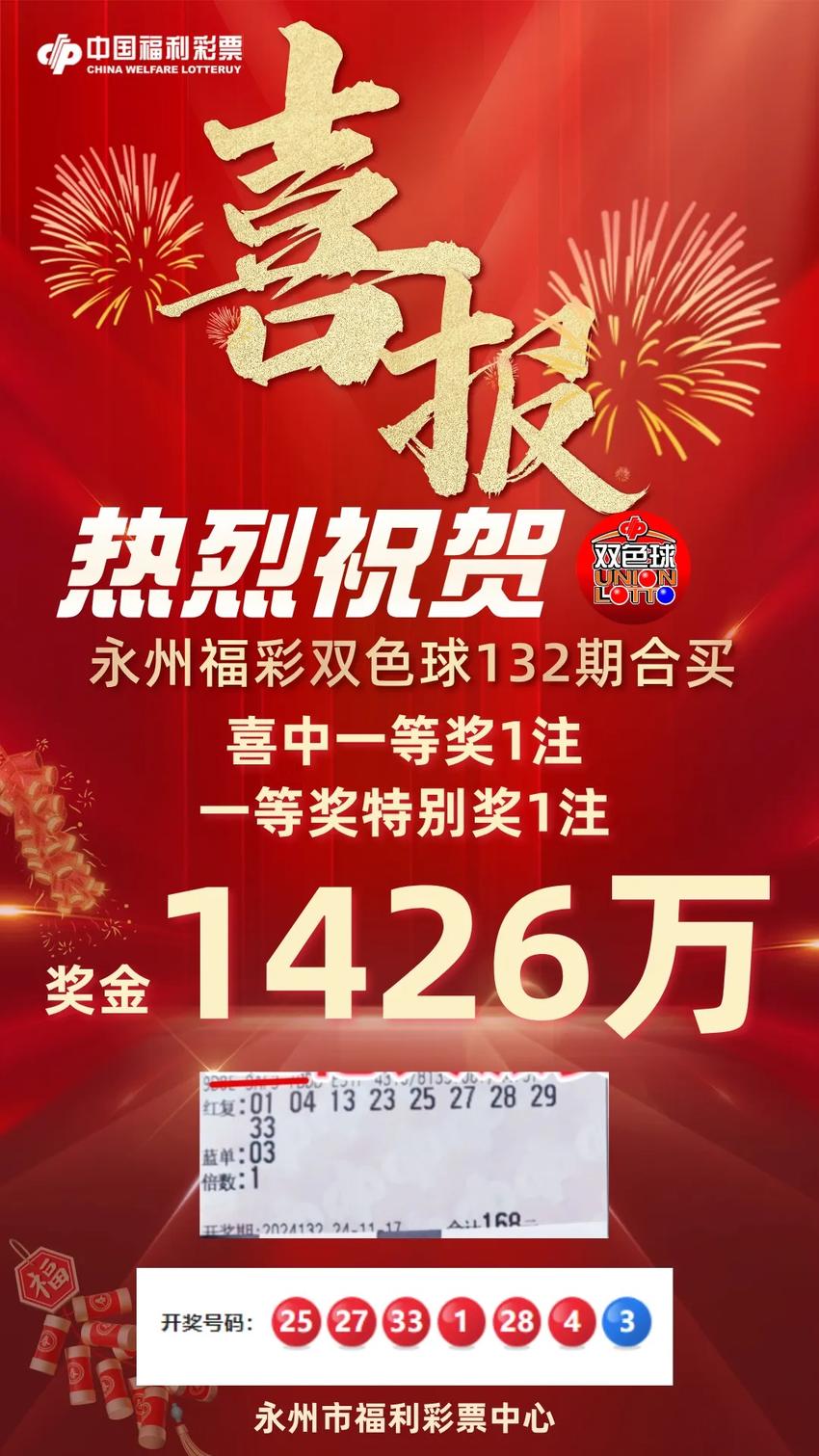 湖南永州彩民喜中双色球1426万元奖金！