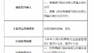 渤海银行重庆渝北支行因未按规定时限报表、报告被罚25万元