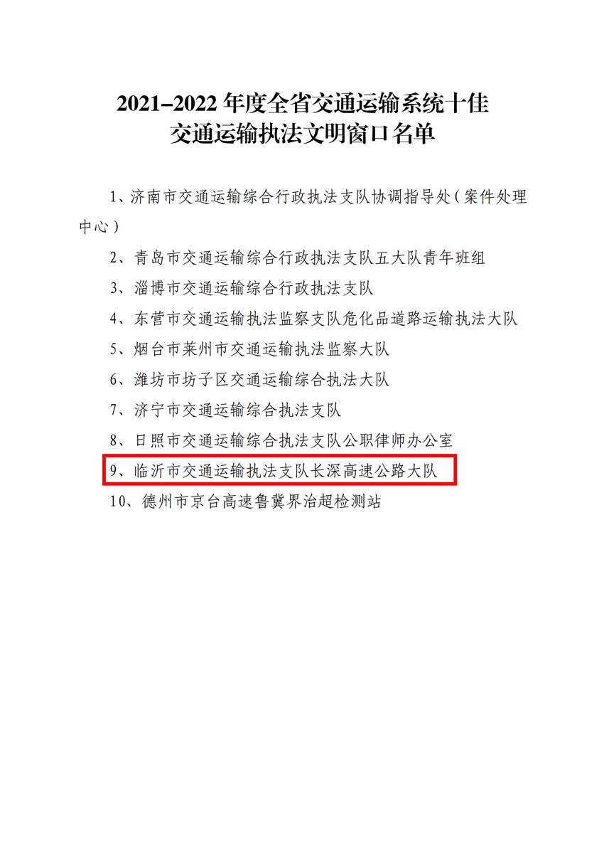 喜报！长深高速公路大队获评全省十佳交通运输执法文明窗口