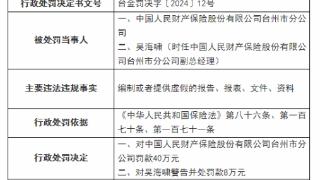 因编制或提供虚假报表等，中国人保财险台州分公司被罚40万元