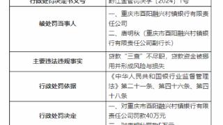 因贷款“三查”不尽职，重庆市酉阳融兴村镇银行被罚40万元