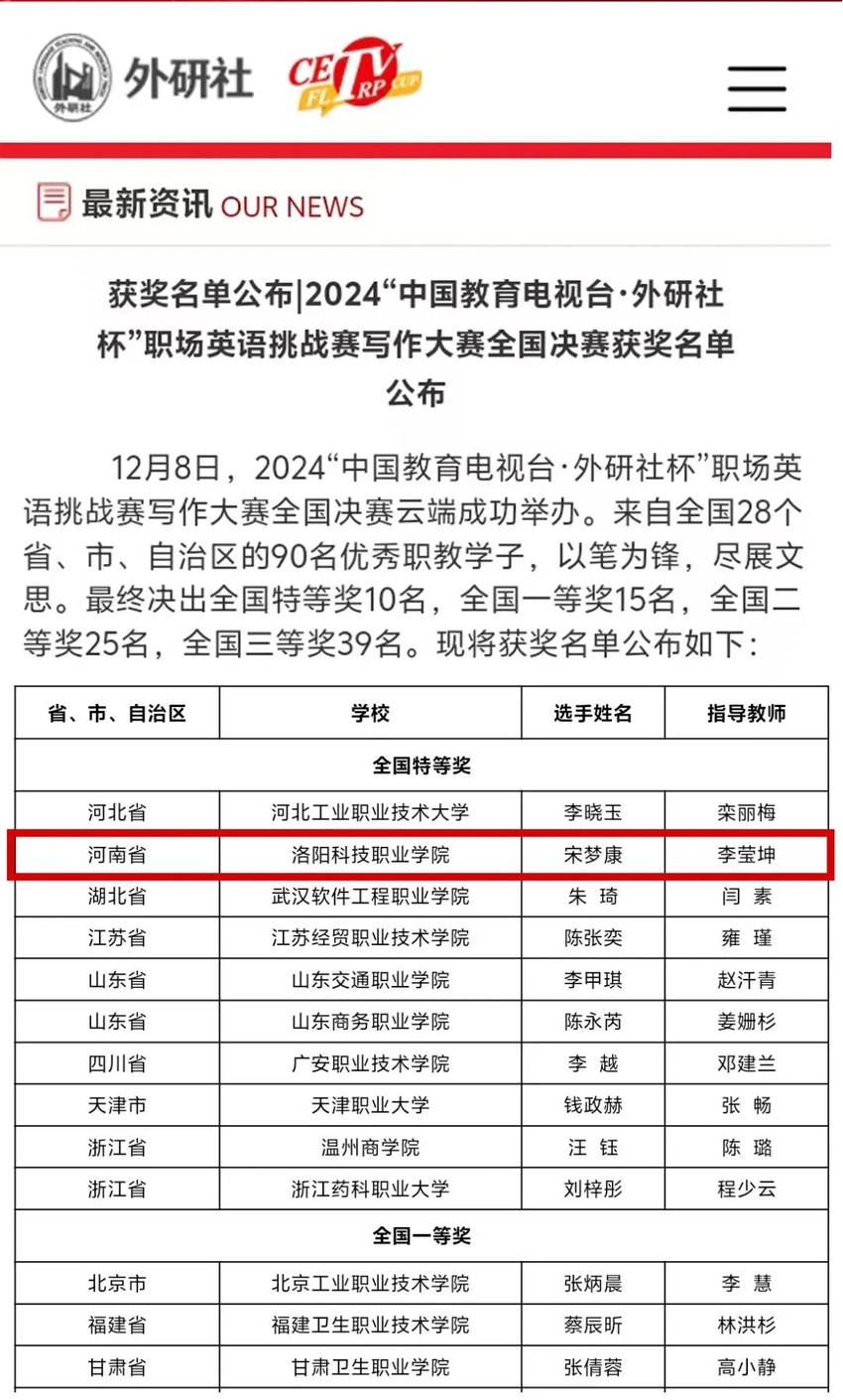 历史性突破！洛阳科技职业学院荣获国赛特等奖