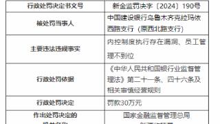 因内控制度存在漏洞等，建设银行乌鲁木齐一支行被罚30万元