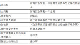 张少辉离任浙商汇金聚利一年定期开放债券