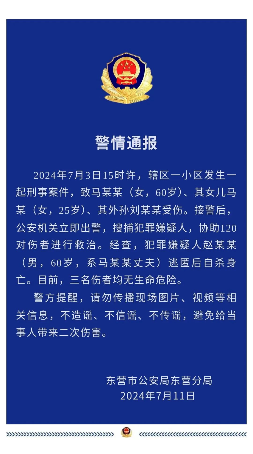 山东东营发生刑案致3人受伤，嫌犯逃匿后自杀身亡