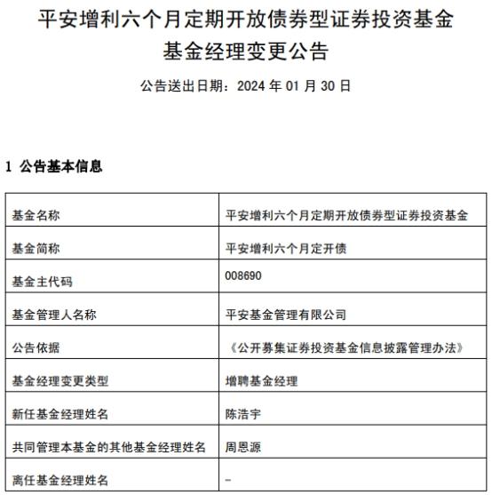 平安增利六个月定开债增聘基金经理陈浩宇