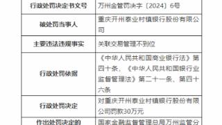 因关联交易管理不到位，重庆开州泰业村镇银行被罚30万元