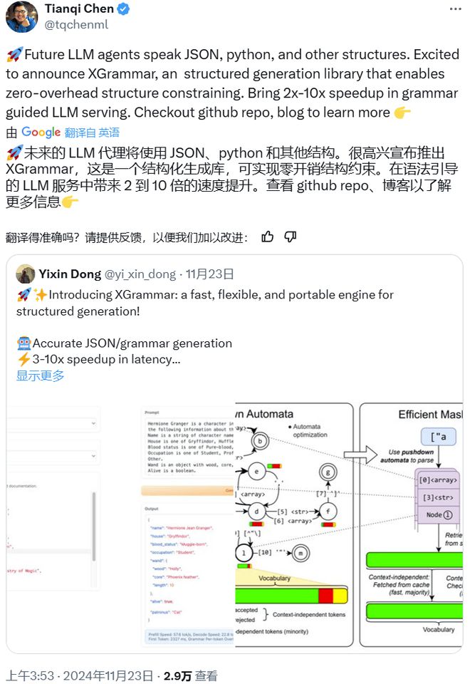 陈天奇团队LLM结构化生成新引擎XGrammar：百倍加速、近零开销