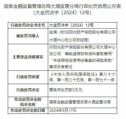 因编制虚假资料套取费用等，阳光财险大理支公司被罚31.5万元