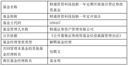 姜永明离任财通资管科技创新一年定开混合基金