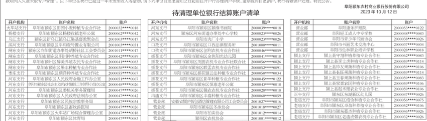 待清理单位银行结算账户清单