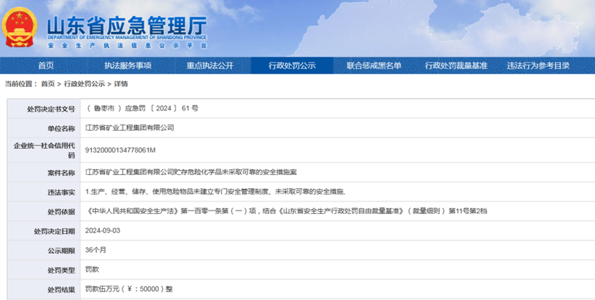 贮存危化品未采取可靠的安全措施，江苏省矿业工程集团被罚
