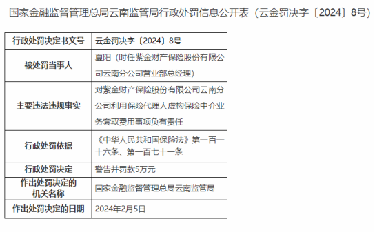 因编制虚假财务资料等，紫金财险云南分公司被处罚50万元