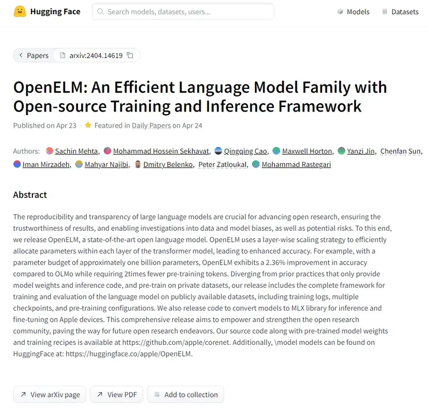 苹果发布 OpenELM，基于开源训练和推理框架的高效语言模型